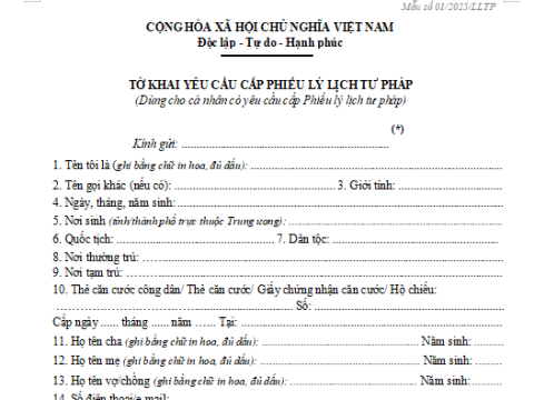 TỜ KHAI YÊU CẦU CẤP PHIẾU LÝ LỊCH TƯ PHÁP DÙNG CHO CÁ NHÂN (MỚI NHẤT)